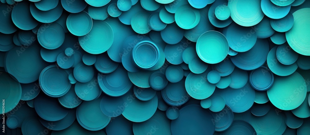 Poster a vibrant abstract composition of overlapping circular shapes in shades of teal.