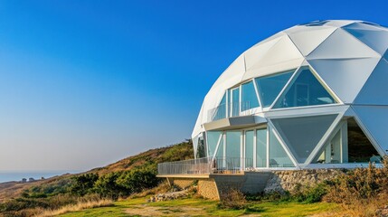 A modern geodesic dome house with panoramic windows overlooking a scenic landscape.