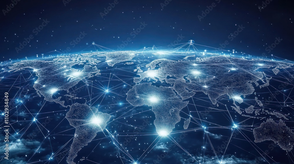 Poster a digital representation of earth connected by a network of lights and lines.