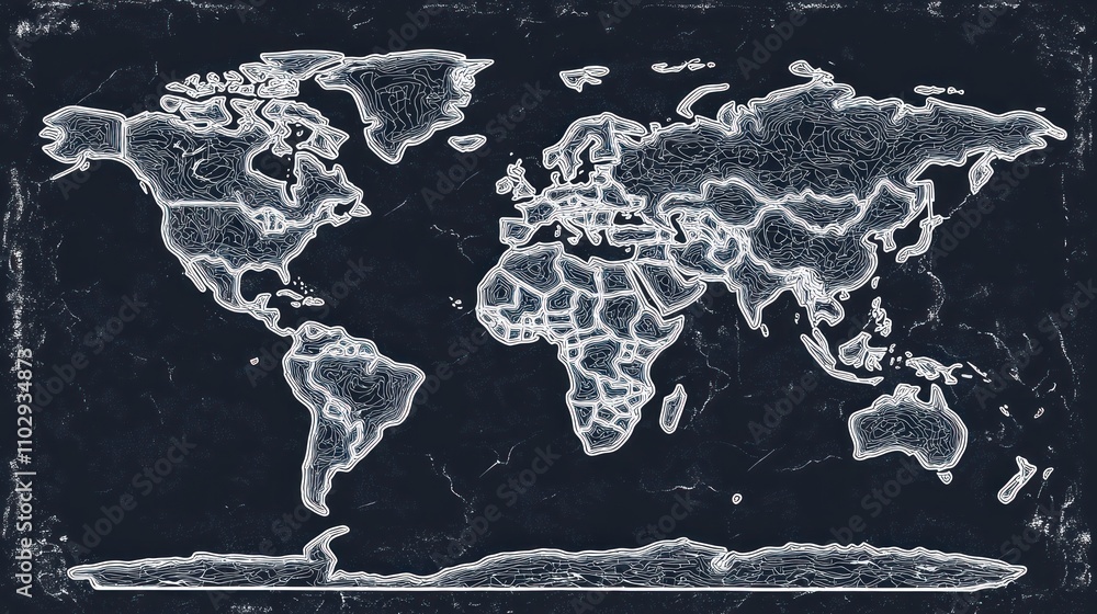 Poster A vintage-style world map with intricate line detailing on a dark background.