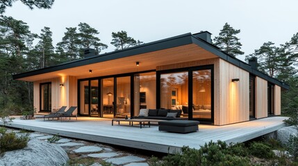 Modern wooden house with large windows and a spacious deck in a natural setting.