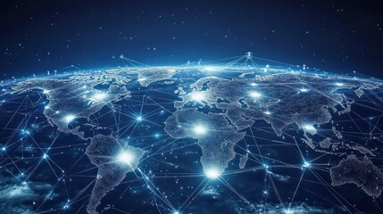 A digital representation of Earth connected by a network of lights and lines.