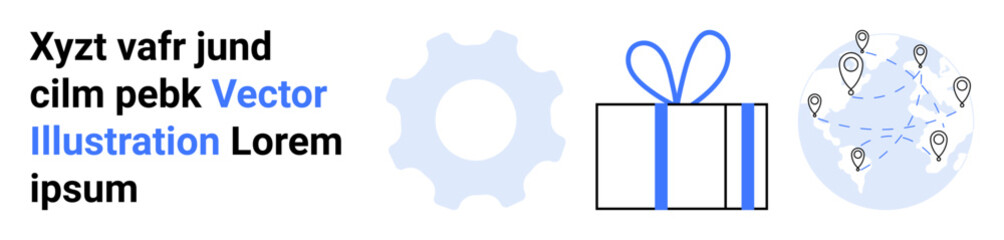 Gear symbol next to gift box with ribbon and world map with location pins. Ideal for business, logistics, technology, global reach, gift services, networking, and e-commerce. Landing page