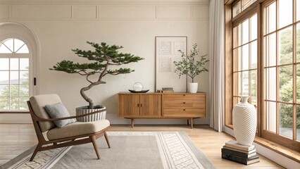 Fototapeta premium Living Room with Minimalist Decor and Forest Views V3