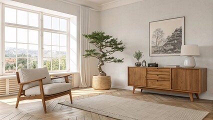 Living Room with Minimalist Decor and Forest Views V6