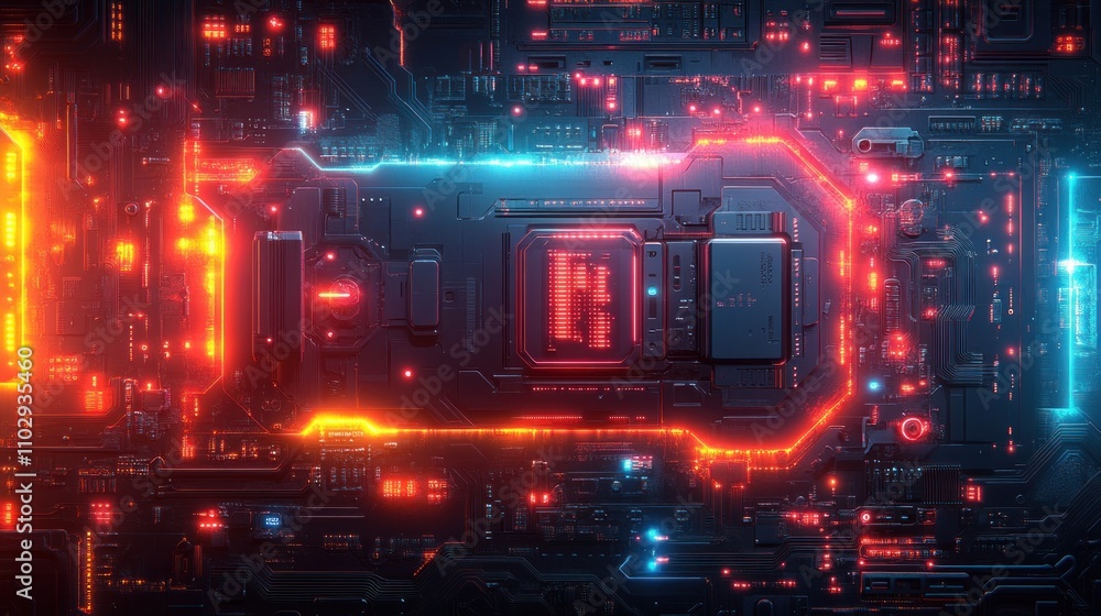 Poster a vibrant, futuristic digital circuit board with glowing elements and intricate patterns.