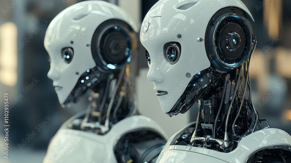 Poster a factory is being modernized with two new robots.