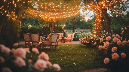 A romantic garden patio with elegant chairs covered in soft fabric, fairy lights strung overhead, and a mix of blooming flowers like roses and hydrangeas surrounding the space,