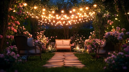 Fototapeta premium A romantic garden patio with elegant chairs covered in soft fabric, fairy lights strung overhead, and a mix of blooming flowers like roses and hydrangeas surrounding the space,