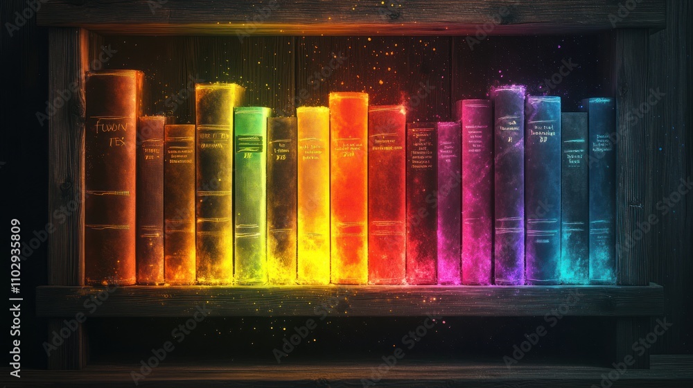 Poster a vibrant bookshelf displaying colorful, glowing books arranged in a rainbow gradient.