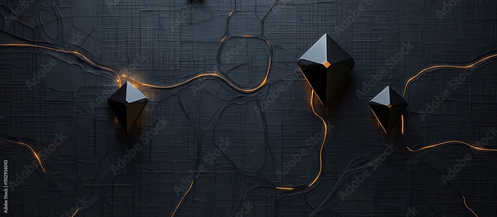 Poster abstract composition featuring dark pyramids and illuminated lines on a textured surface.