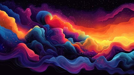 A vibrant digital artwork depicting colorful waves and cosmic elements in a surreal landscape.