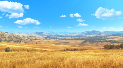 A serene landscape featuring golden fields under a bright blue sky with distant mountains.