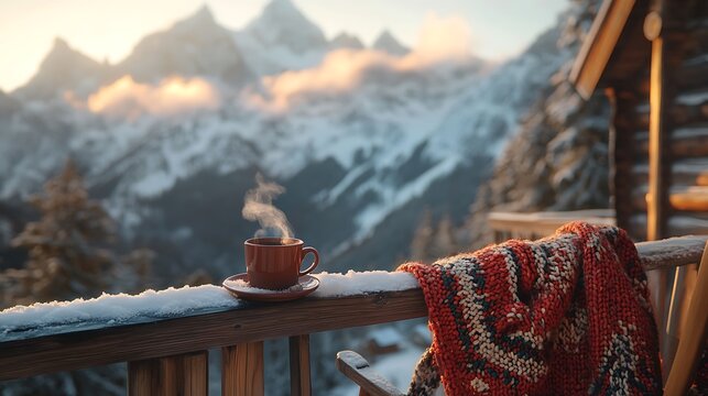 A rustic mountain lodge balcony with a steaming cup of coffee on a wooden railing, the snowy peaks bathed in soft golden light at sunrise, a knitted blanket hanging from a chair, hd quality,