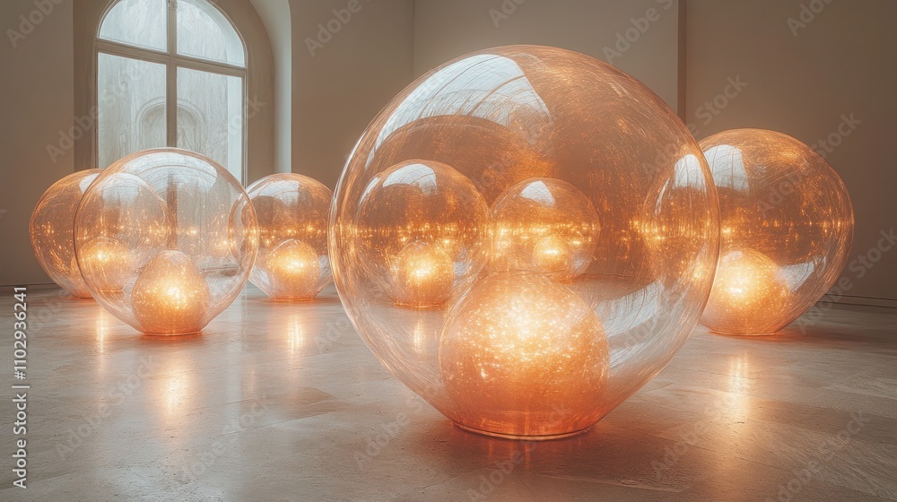 Poster a collection of glowing, transparent spheres creating an ethereal atmosphere in a gallery space.