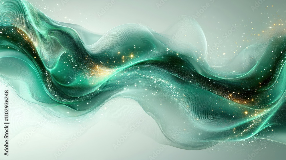 Poster a flowing abstract design with soft waves and shimmering particles in shades of teal.