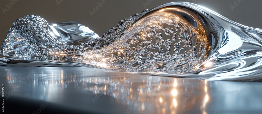 Poster a shimmering wave of liquid, reflecting light and creating a dynamic visual effect.