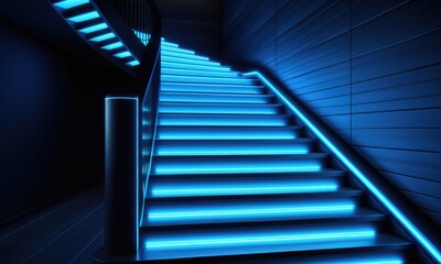 Obraz premium Futuristic led staircase with neon blue lights in a dark modern interior