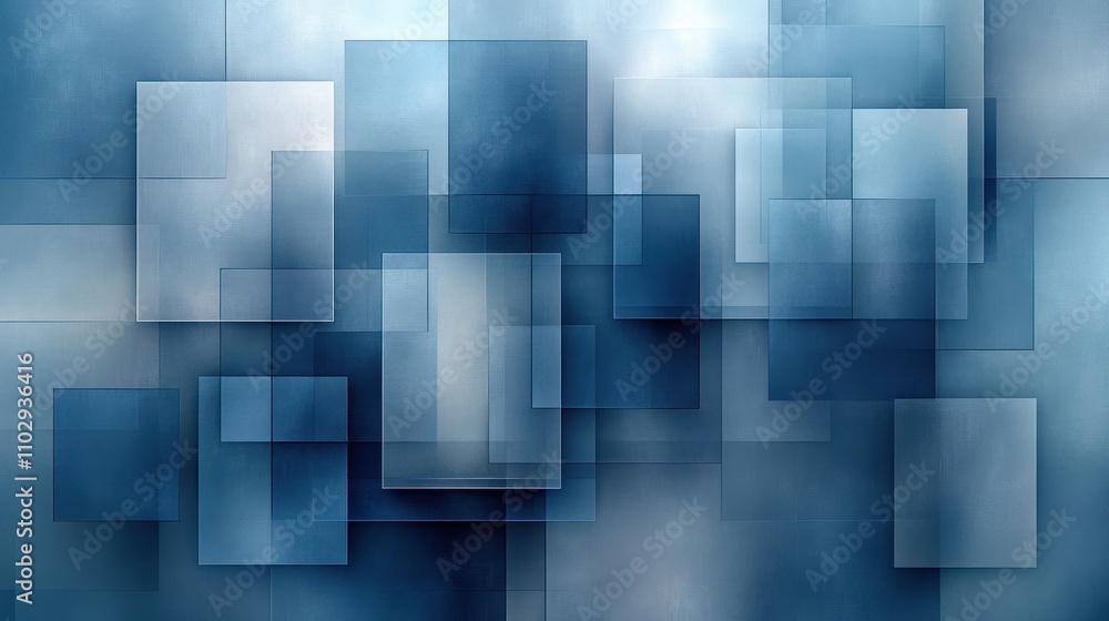 Poster A layered abstract design in blue tones, featuring overlapping squares and a soft gradient background.
