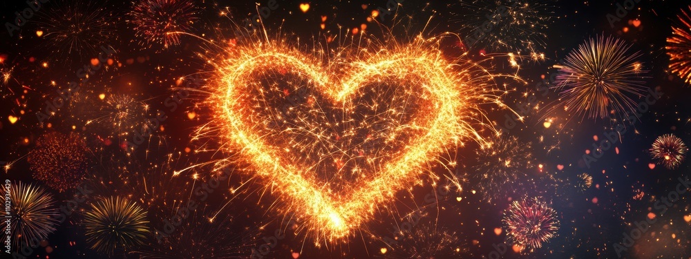 Poster a firework bursting into the shape of a glowing heart, surrounded by smaller fireworks in complement