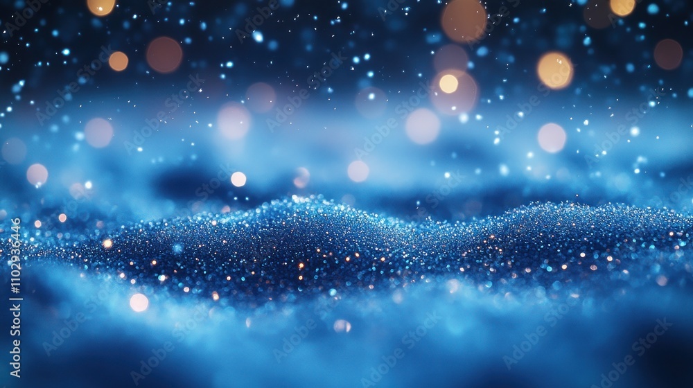 Poster a mesmerizing blue abstract background with shimmering particles and soft bokeh lights.