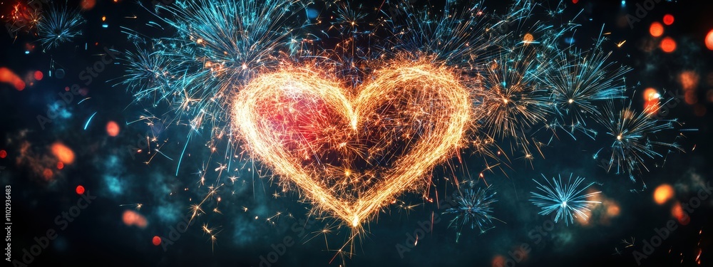 Poster a firework bursting into the shape of a glowing heart, surrounded by smaller fireworks in complement