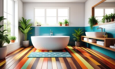 Fototapeta premium Modern bathroom interior with vibrant flooring and lush greenery decor
