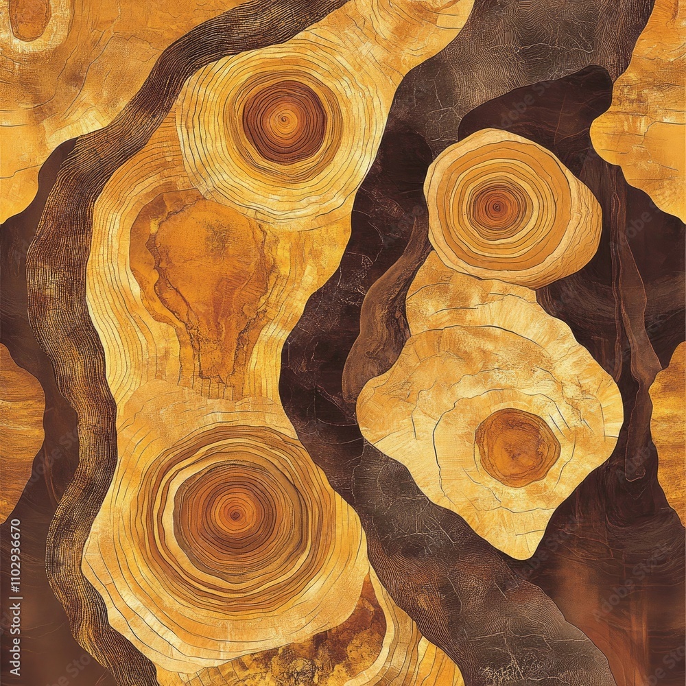 Poster abstract design featuring circular patterns resembling tree rings in warm, earthy tones.
