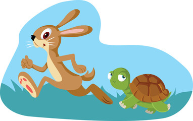 Classical Fable of the Hare and the Tortoise Vector Cartoon. Story of a rabbit being overtaken by a tortoise in a race  © nicoletaionescu