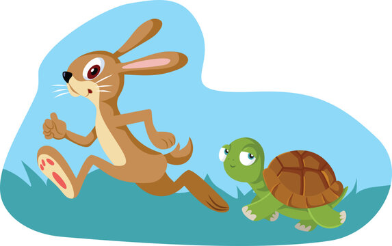 Classical Fable of the Hare and the Tortoise Vector Cartoon. Story of a rabbit being overtaken by a tortoise in a race
