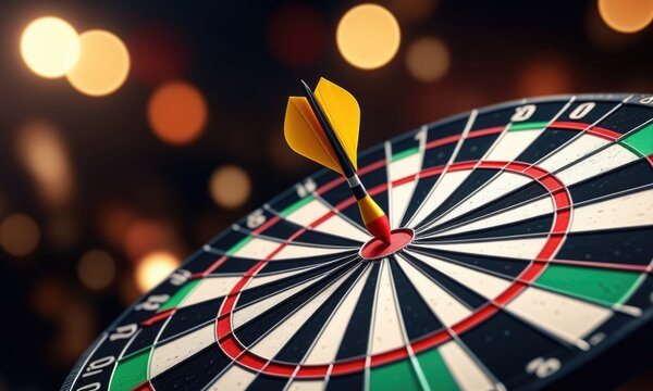 Yellow dart hits bullseye on dartboard with blurred bokeh background