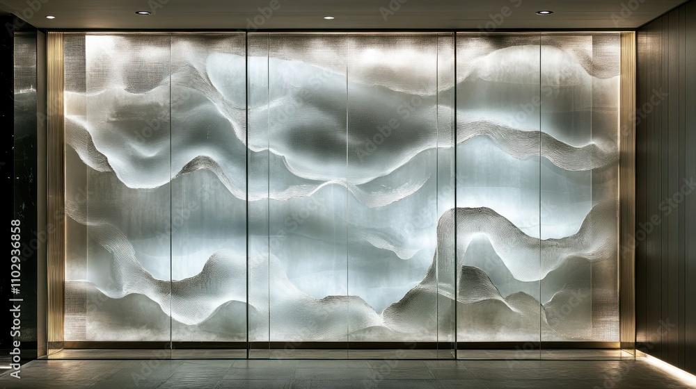 Poster abstract wall design featuring flowing patterns in a modern architectural space.