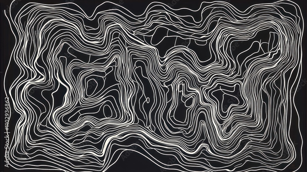 Poster abstract lines create a flowing, organic pattern against a dark background.