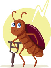 Cockroach with Crutches Affected by Pest Control Measures Vector Cartoon. Parasitic animal being hurt by insecticide 
