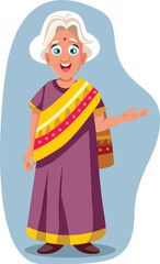 Indian Granny Holding Her Palm in Presentation Gesture Vector Character. Grandma from India wearing traditional clothing 
