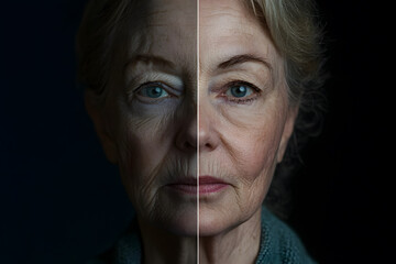 A portrait of a senior woman with a concept of before and after aesthetic treatment
