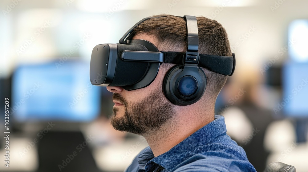 Poster Adaptive technology assisting a visually impaired individual with the use of a virtual reality headset providing innovative support and accessibility solutions to enhance mobility navigation
