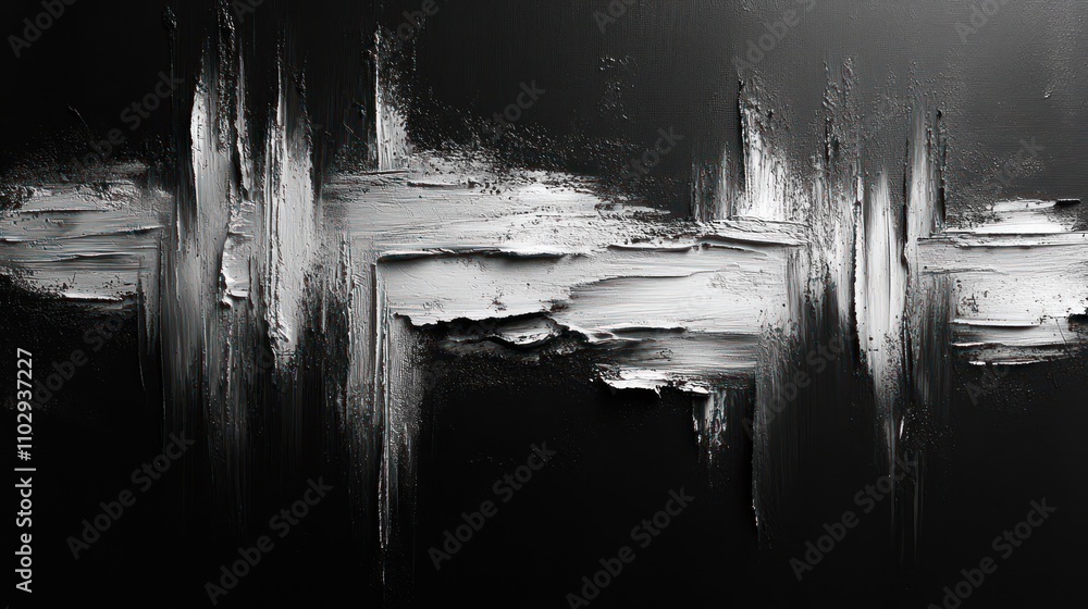 Poster abstract artwork featuring textured black and white layers, creating a dynamic visual effect.
