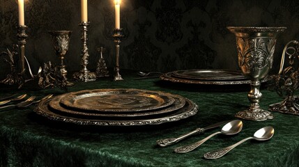 A beautifully set dining table with ornate silverware and candles, creating an elegant atmosphere.