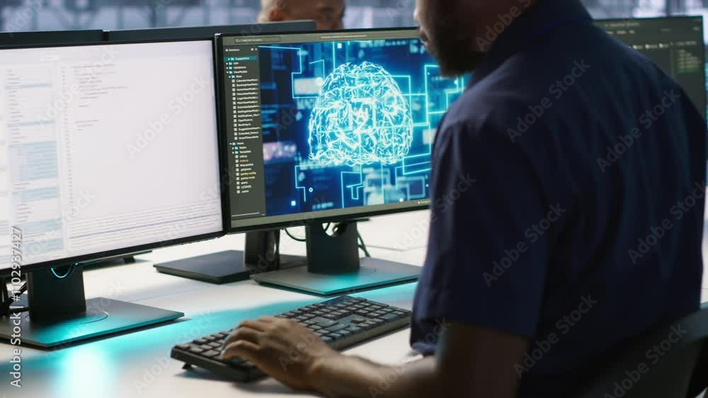 Poster african american worker in data center implements advanced ai driven predictive maintenance systems.