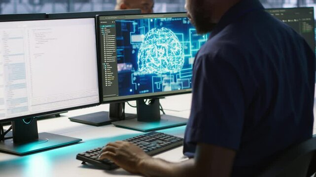 African american worker in data center implements advanced AI driven predictive maintenance systems. Engineer using artificial intelligence to identify hardware failures impacting operations, camera A