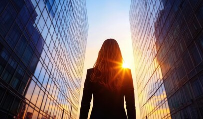 Fototapeta premium Silhouette of a woman in business attire against a sunset city skyline.