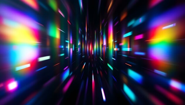 Blurred rainbow refraction overlay effect. Light lens prism effect on black background. Holographic reflection, crystal flare leak shadow overlay. Colorful rainbow disco ball light leaks texture