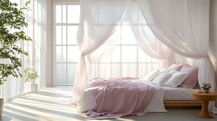 A serene bedroom with a canopy bed draped in sheer white curtains, pastel pink and lavender bedding, soft natural light streaming through large windows, and elegant minimalist decor, hd quality,