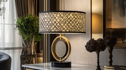 A stylish lamp with an intricate shade, enhancing a modern interior space.