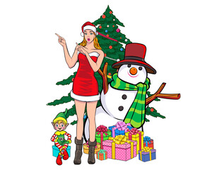 merry christmas santa and snowman elf with Christmas girl in red dress in pop art comic style