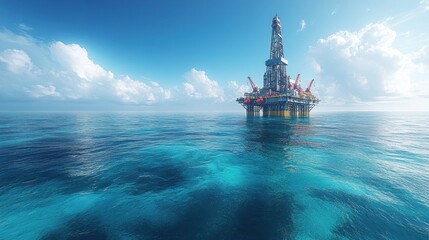 Obraz premium An offshore oil drilling rig stands prominently in a serene ocean under a clear sky.