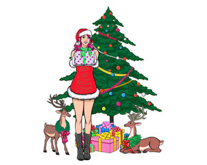 merry christmas santa and snowman elf with Christmas girl in red dress in pop art comic style