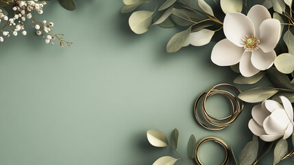 A green wedding invitation features silver bands, white magnolia flowers, and eucalyptus leaves.  Elegant design with gold rings and blossoms announces the wedding.