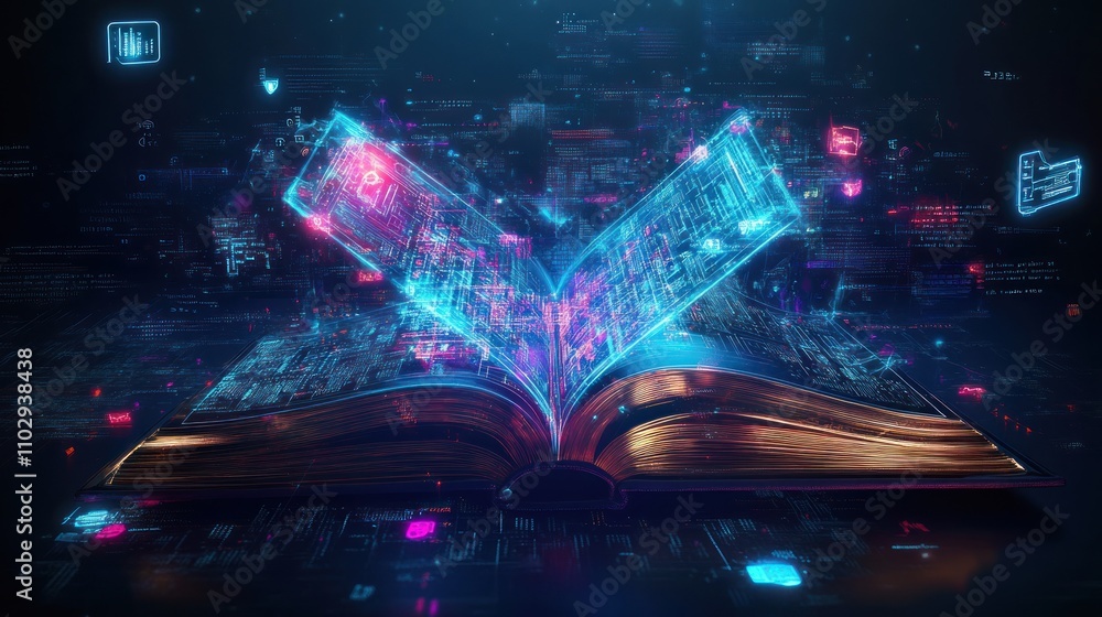 Poster a digital book emitting glowing data streams, symbolizing knowledge and technology.